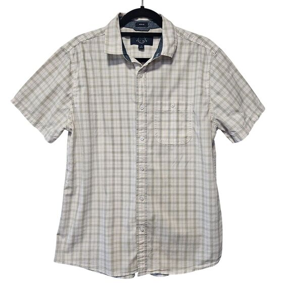 Even Tide Button Up Short Sleeve Shirt Size M White Gray Plaid - Picture 1 of 10